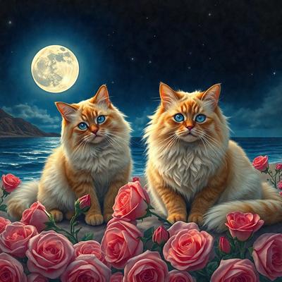 The primary subject of the image is a painting of two cats sitting next to each other in a field of flowers. The setting is a nighttime scene with a moon in the background. The visual style is a digital art painting, and the colors and mood are predominantly pink and serene.